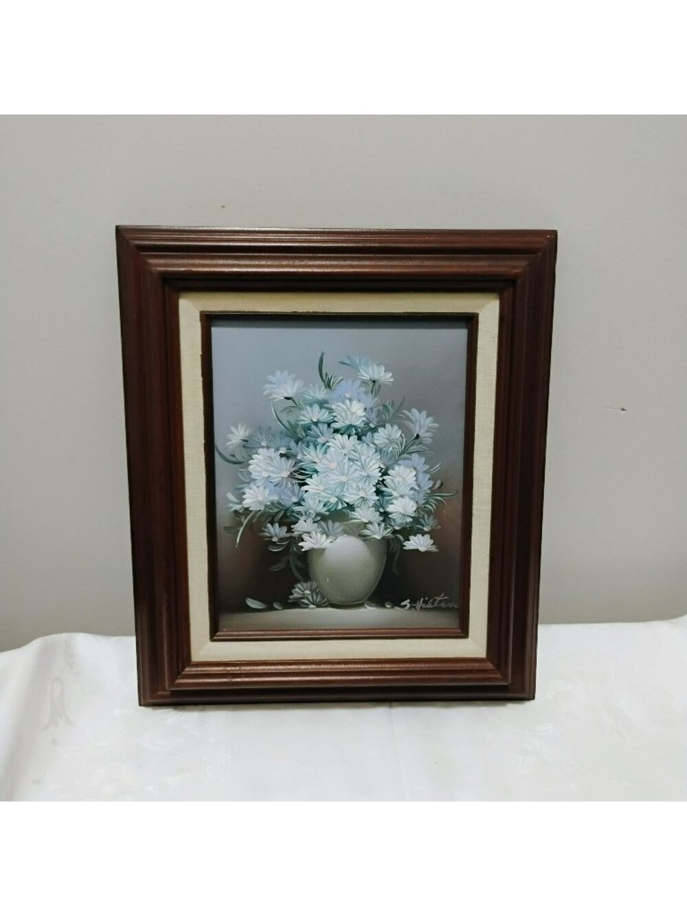 Vintage Floral Oil Painting, Framed White Daisy Flowers Art, Cottagecore Decor